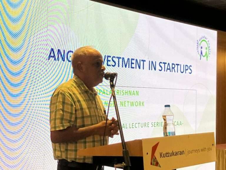 Image of PKG sir speaking at NITCAA Cochin Chapter Entrepreneurial Lecture Series on July 2, 2024, Recca Club, Kakkanad